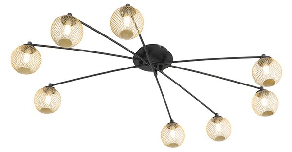 Modern taklampa svart med 8-lampor i guld - Athens Wire