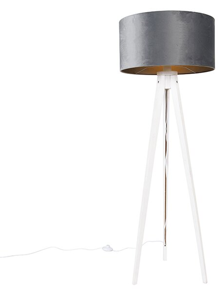 Modern golvlampa stativ vit med grå velourskärm 50 cm - Tripod Classic