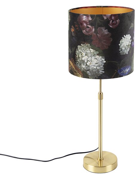 Bordslampa guld / mässing med velourskugga blommor 25 cm - Parte