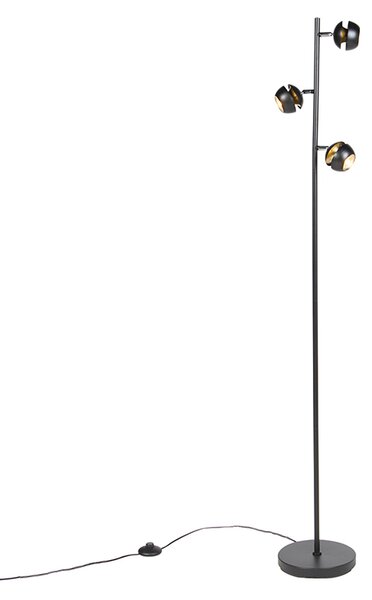 Modern golvlampa 3-spots svart med guldinnerskärm - Buell Deluxe