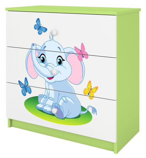 Babydreams barnbyrå med elefant och fjärilar, med 3 lådor - vit och grön laminat