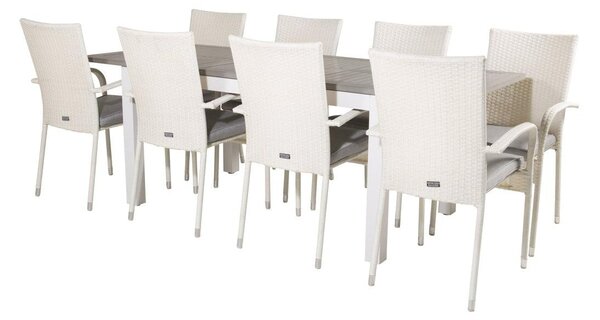 ANNA ALBANY Matbord 160/240x90 cm + 8 stolar - Vit/Grå | Utemöbler