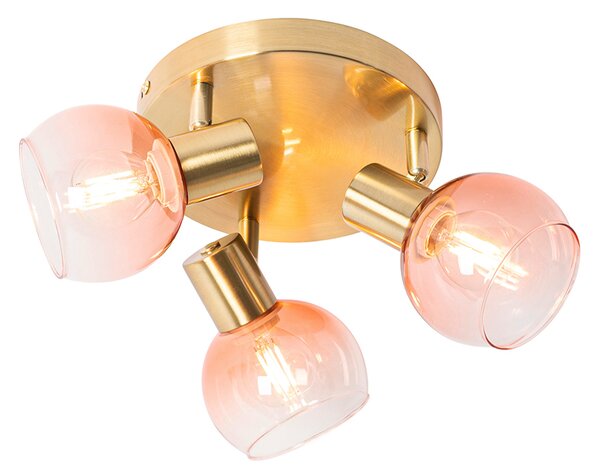 Art Deco taklampa guld med rosa glas 3 lampor - Vidro