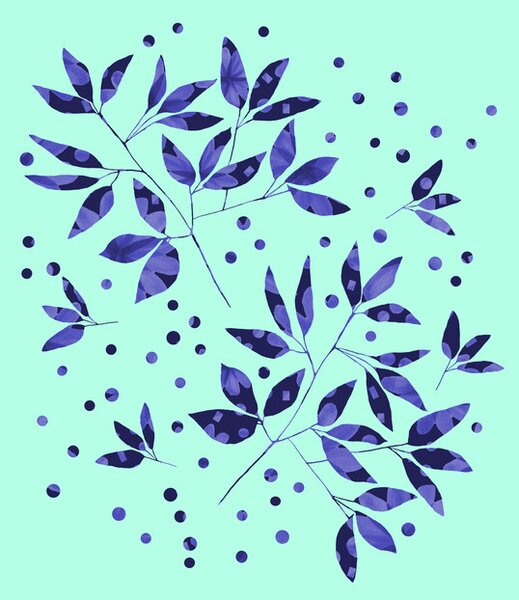 Fotografi Floral Branches Blue Pattern On Mint, Michele Channell, (30 x 40 cm)