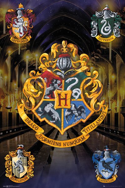 Poster, Affisch Harry Potter - Hogwarts vapensköldar, (61 x 91.5 cm)
