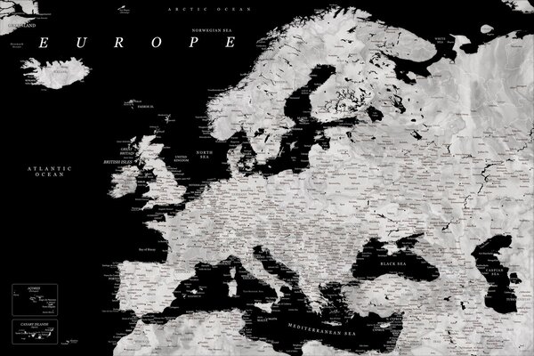 Karta Black and grey detailed map of Europe in watercolor, Blursbyai, (40 x 26.7 cm)