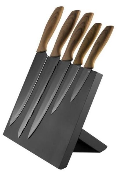 Set rostfria knivar 5st med magnetstativ trä/svart