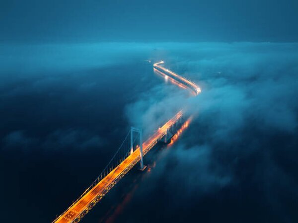 Konstfotografering A cross-sea bridge in the fog at night, shunli zhao, (40 x 30 cm)
