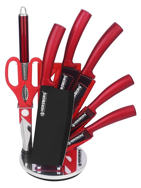 Herzberg 8 delar knivset med akrylställ - Röd