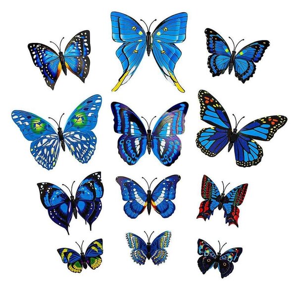 12st Blåa Dekorativa 3D Fjärilar i Papper för Väggar