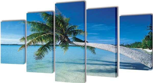 Uppsättning väggbonader på duk: strand med palm 200 x 100 cm