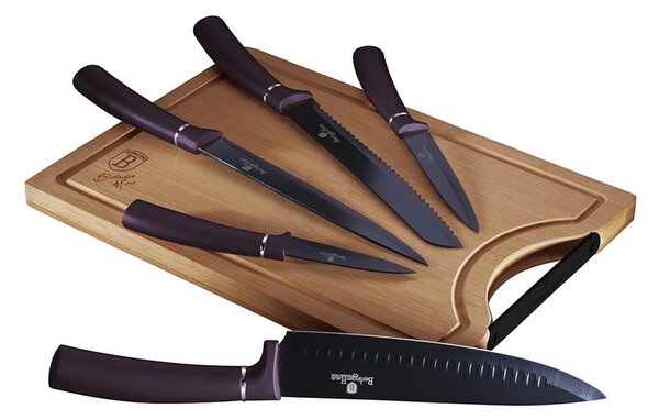 BerlingerHaus - Set med knivar i rostfritt stål 5st lila/svart med bambu skärbräda