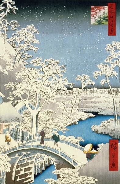 Ando or Utagawa Hiroshige - Konsttryck Drum bridge and Setting Sun Hill at Meguro,, (26.7 x 40 cm)