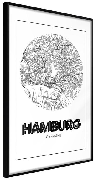 Inramad Poster / Tavla - City Map: Hamburg (Round) - 20x30 Svart ram