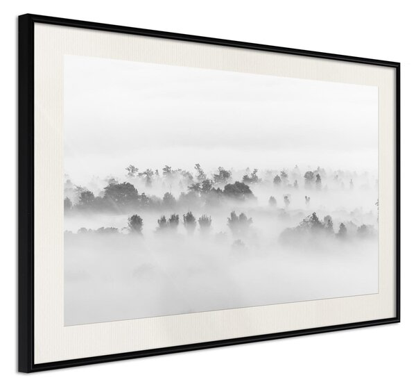 Inramad Poster / Tavla - Fog Over the Forest - 30x20 Svart ram med passepartout