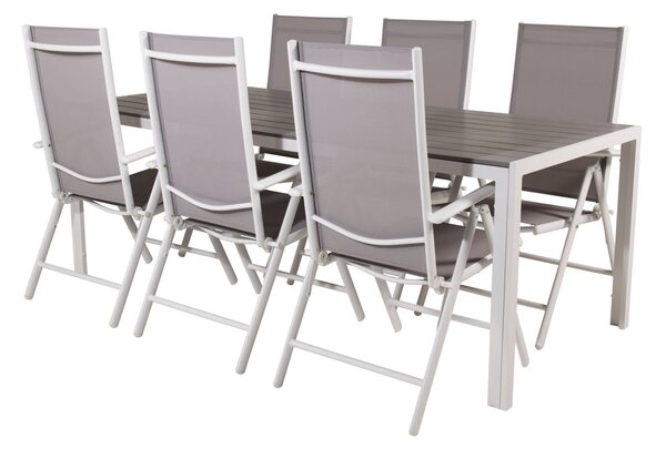 BREAK Matbord 205x90 cm + 6 stolar - Grå/Vit | Utemöbler