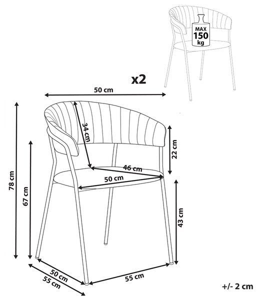 Uppsättning med 2 matstolar Taupe sammet tygklädsel Svarta metallben med armstöd Böjt ryggstöd Modern modern design Beliani