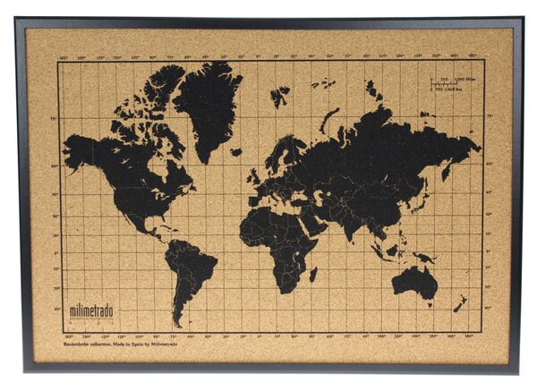 Milimetrado Anslagstavla världskarta med träram svart & brun 70x50 cm