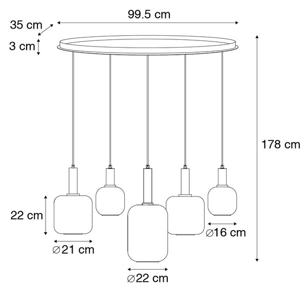 Hänglampa svart med guld och rökglas oval 5-light - Zuzanna