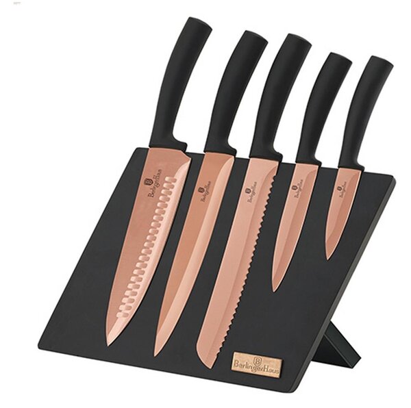 BerlingerHaus - Set av rostfria knivar 5 st svart/roséguld med magnetstativ