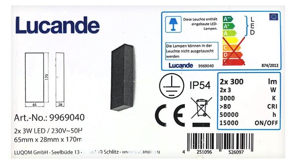 Lucande - LED vägglampa för utomhusbruk CORDA 2xLED/3W/230V IP54