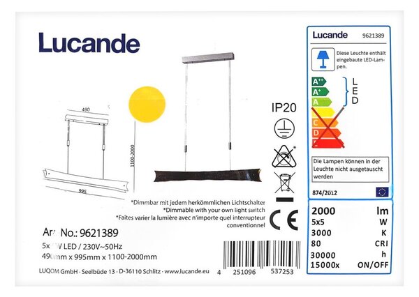 Lucande - LED ljusreglerad ljuskrona på textilsladd EBBA 5xLED/5W/230V