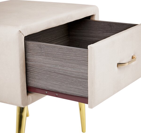 Nattduksbord Beige Sammet 1 Låda Minimalistisk Design Retro Vintage Sovrumsmöbler Beliani