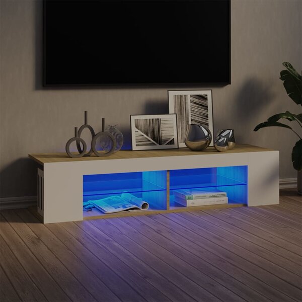 TV-bänk med LED-belysning vit och sonoma-ek 135x39x30 cm