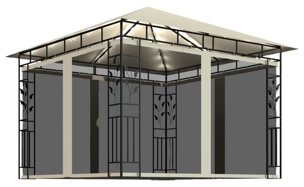 Paviljong med myggnät och ljusslinga LED 3x3x2,73 m gräddvit