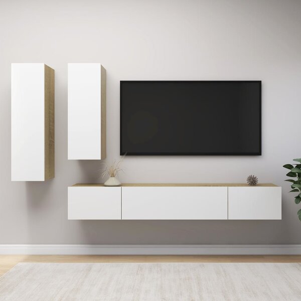 TV-skåp 4 delar vit och sonoma-ek konstruerat trä