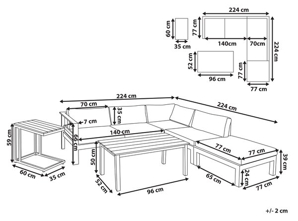 Trädgård Loungegrupp Svart Aluminium Ram med Grå Kuddar 5-sits Soffbord och Sidobord Beliani