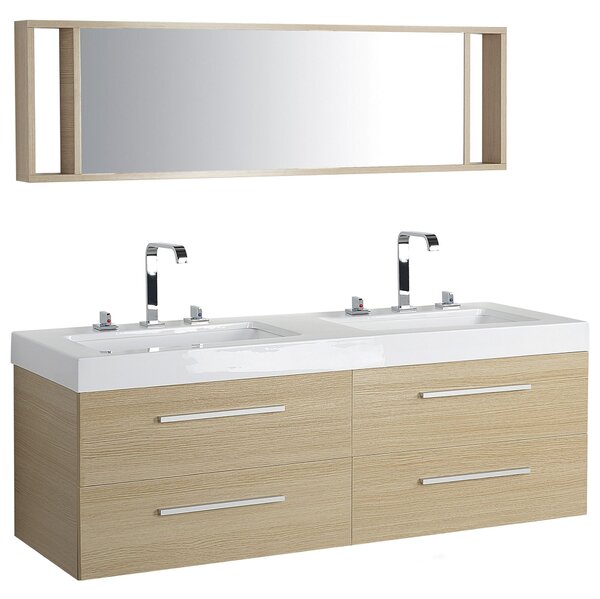 Badrumsmöbler Beige med Vit Lådor Speglar Väggskåp Dubbla tvättställ Modern Beliani