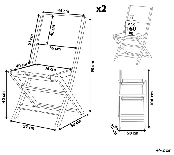 Set med 2 trädgårdsstolar mörk akaciaträ grå PVC-tyg hopfällbar utomhus uteplats armlös klassisk tidlös stil Beliani