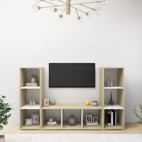 TV-skåp 3 delar vit och sonoma-ek 107x35x37 cm konstruerat trä