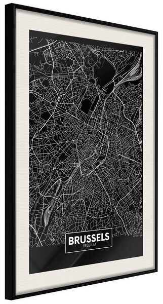 Inramad Poster / Tavla - City Map: Brussels (Dark) - 20x30 Svart ram med passepartout