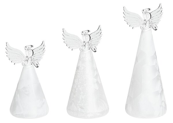 Set om 3 dekorativa änglar i vitt glas med LED-belysning Juldekorationer Beliani