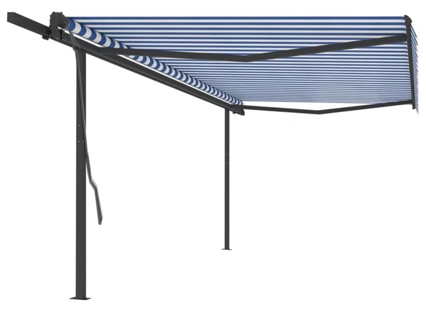Markis med stolpar manuellt infällbar 5x3 m blå och vit