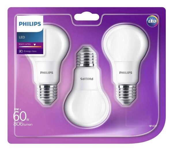 SET 3x LED-lampor Philips E27/8W/230V 2700K