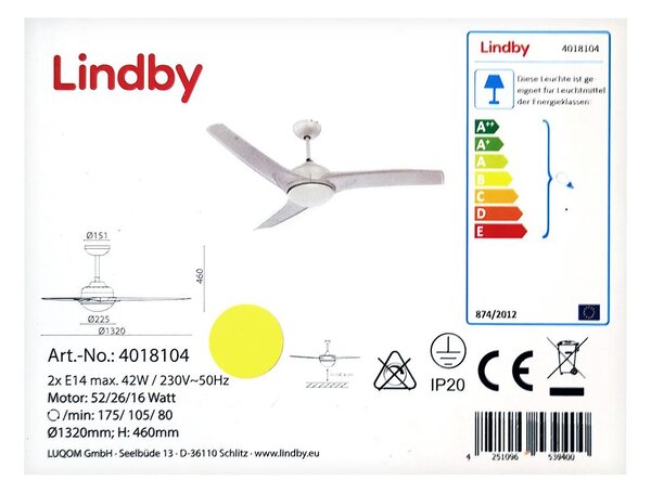 Lindby - Takfläkt EMANUEL 2xE14/42W/230V + fjärrkontroll