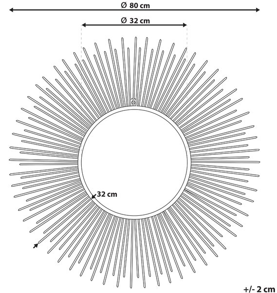 Väggmonterad Hängande Spegel Guld 80 cm Rund Solstråle Sol Form Beliani