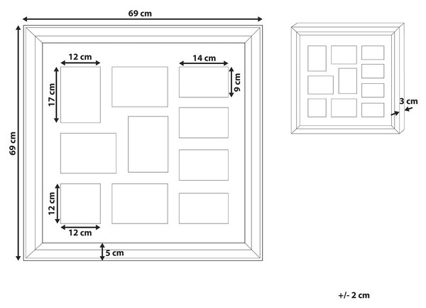 Fotoram Silver Glas Plast 69 x 69 cm För 10 bilder 14x9 cm 12x17 cm 12x12 cm Kollage Bländare Beliani