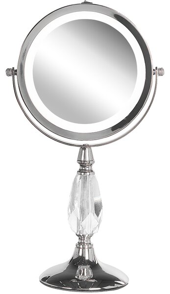 Sminkspegel Silver Järn Metallram 13 cm med LED Lampor 1x/5x Förstoring Dubbelsidig Smink Beliani