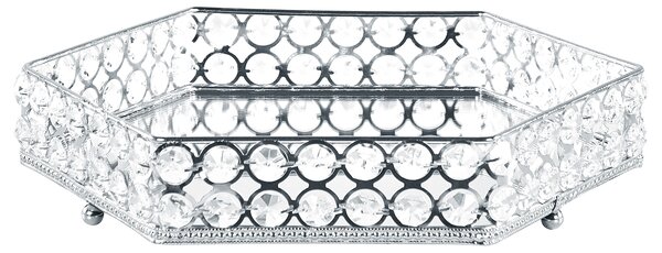Dekorativ Bricka Silver Järn och Glas Spegelvänd Sexkantig med strass Bordsskiva Glamour Accent Beliani