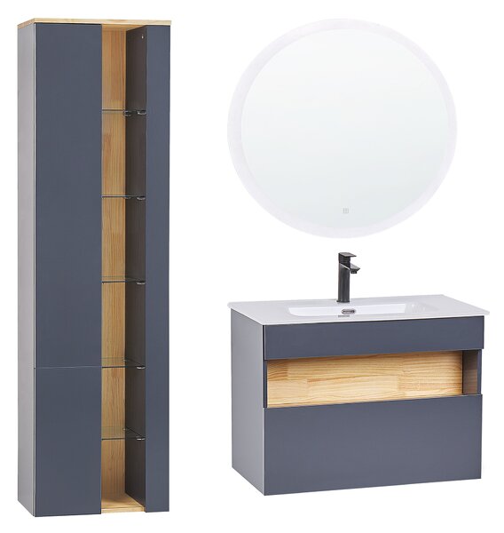 Badrumsmöbelset i 3 delar Grå MDF med Keramik Vask Väggmonterad Hög Sminkbyrå Rund LED Spegel Beliani