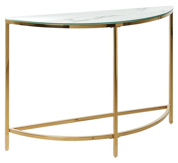 Konsolbord Vit med Guld Härdat Glas Rostfritt Stål 111 x 36 cm Halvmåne Glam Modern Vardagsrum Sovrum Hall Beliani