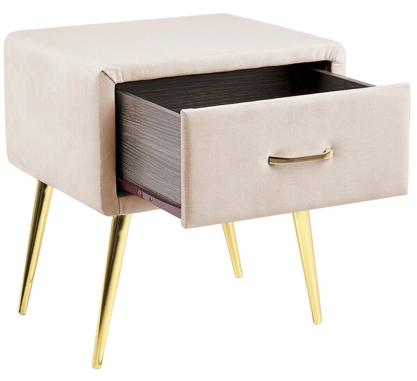 Nattduksbord Beige Sammet 1 Låda Minimalistisk Design Retro Vintage Sovrumsmöbler Beliani