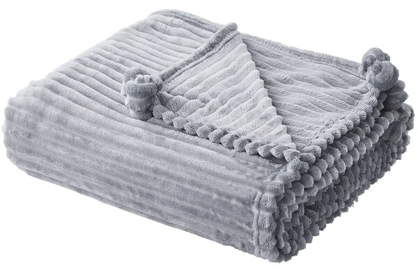 Filt Grå Polyester 150 x 200 cm Ribbad struktur med Pom-Poms Sängkläder Beliani