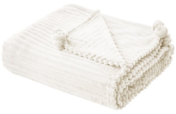 Filt Vit Polyester 150 x 200 cm Ribbad struktur med Pom-Poms Sängkläder Beliani