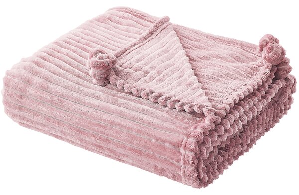 Filt Rosa Polyester 150 x 200 cm Ribbad struktur med Pom-Poms Sängkläder Beliani