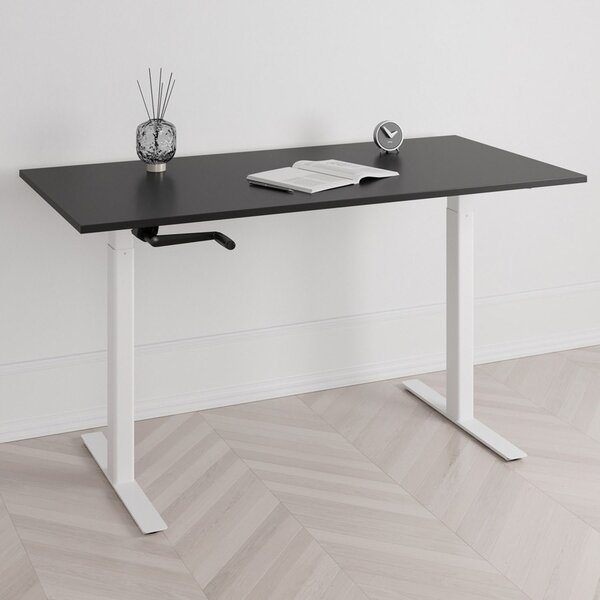 Höj och sänkbart skrivbord, vev, vitt stativ, svart bordsskiva 100x60cm